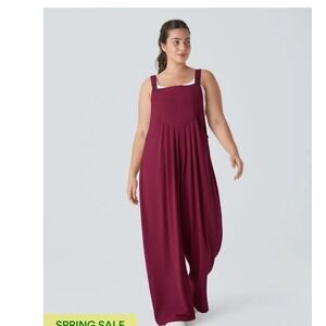 Halara Waffle Casual Plus Size Wide Leg Overalls Wine Burgundy Pleated 1X